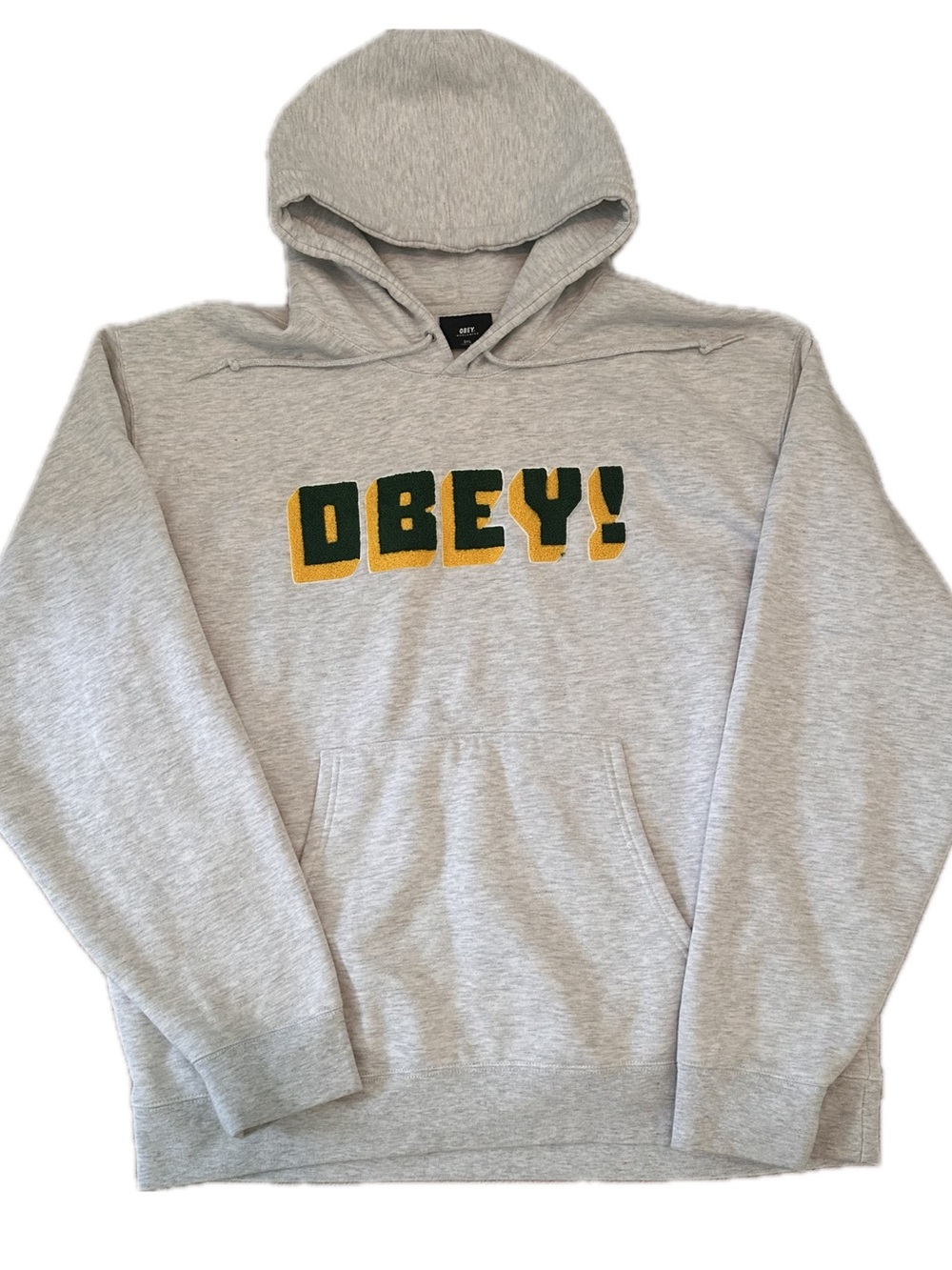 Obey! RARE Gray Chenille Logo Hoodie Green Yellow Men’s Size 2XL Streetwear